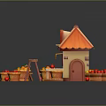 Wooden Fruit Stand with Orange Roof Awning and Baskets of Fresh Apples Oranges