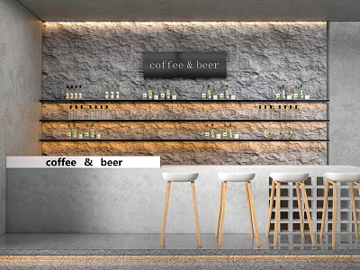Modern Bar Interior With Coffee And Beer Sign Stone Wall Background And Wooden Stools 3d model
