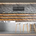 Modern Bar Interior With Coffee And Beer Sign Stone Wall Background And Wooden Stools