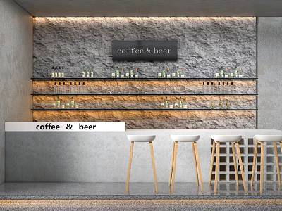 Modern Bar Interior With Coffee And Beer Sign Stone Wall Background And Wooden Stools 3d model