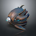 Futuristic Rusted Mechanical Robot With Blue Glowing Eyes And Metallic Armor