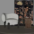 Beige Velvet Single Seater Sofa With Black Legs And Wooden Side Table Near Patterned Screen