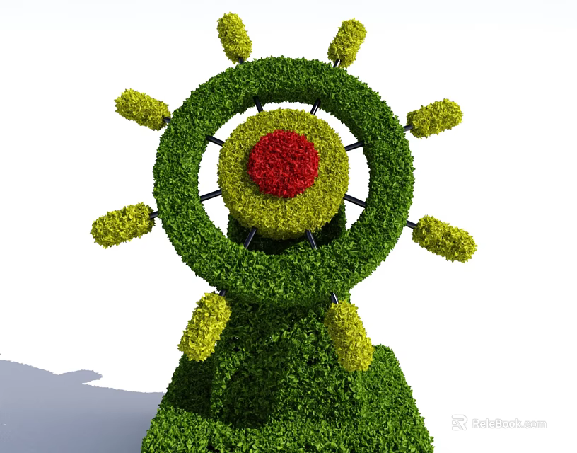 Wheel Shaped Topiary Bush with Red Center and Green Branches on Base 3d model 