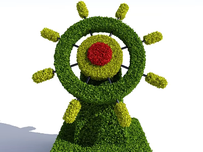 Wheel Shaped Topiary Bush with Red Center and Green Branches on Base 3d model