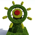 Wheel Shaped Topiary Bush with Red Center and Green Branches on Base