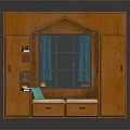 Wooden Furniture Set With Window Seating Bench Colorful Cushions And Drawers