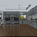 Modern Kitchen Interior With White Cabinets Wooden Floor Dining Table Fruits Flower Vase And Chairs