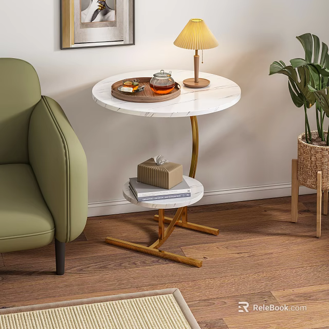Elegant Round Side Table With Marble Top And Gold Metal Cross Legs By Green Sofa 3d model 