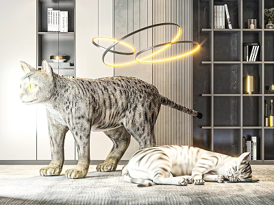 Modern Room With Standing Tabby Cat And Lying Striped Cat Near Bookshelf And Glowing Ring 3d model