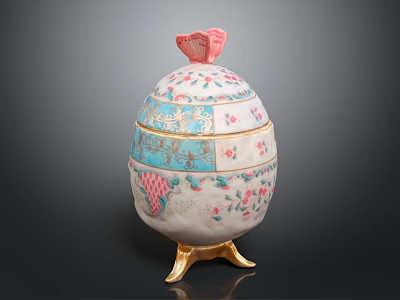 Elegant Decorative Ornament Set with Pink Blue Floral Patterns White Body and Golden Stand Base 3d model