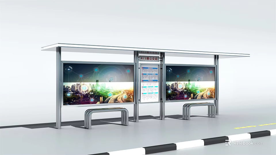 Modern Urban Bus Stop Featuring Large Billboards Information Display And Benches 3d model 