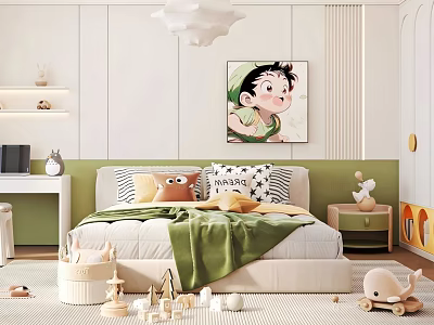Kids Room Interior Design With White Chandelier Bed Green Blanket Pillows And Wooden Toys 3d model