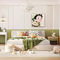 Kids Room Interior Design With White Chandelier Bed Green Blanket Pillows And Wooden Toys