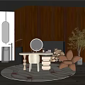 Stylish Brown Leisure Chair in Modern Living Room with Dark Wooden Wall and Round Mirror Rug