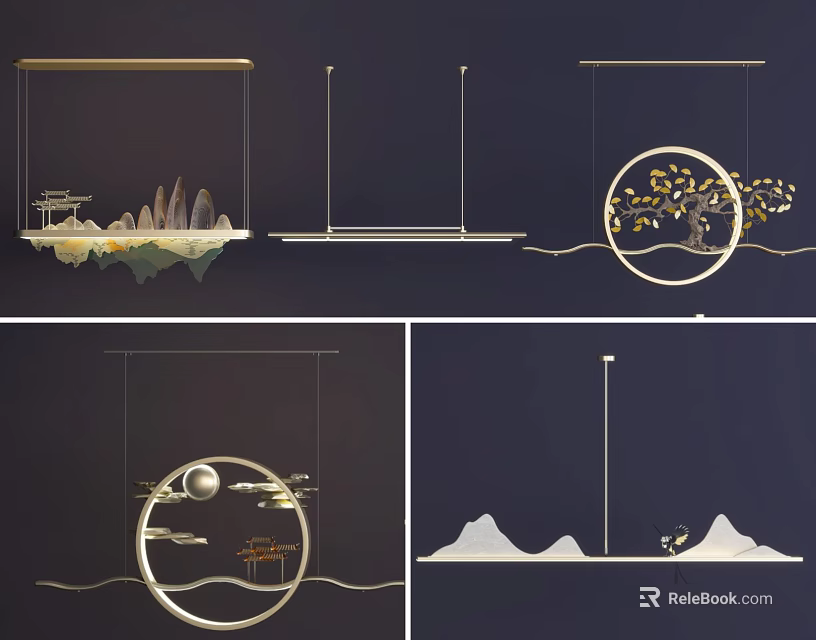 Artistic Modern Chandelier With Natural Landscape Elements Mountain Moon And Tree Design 3d model