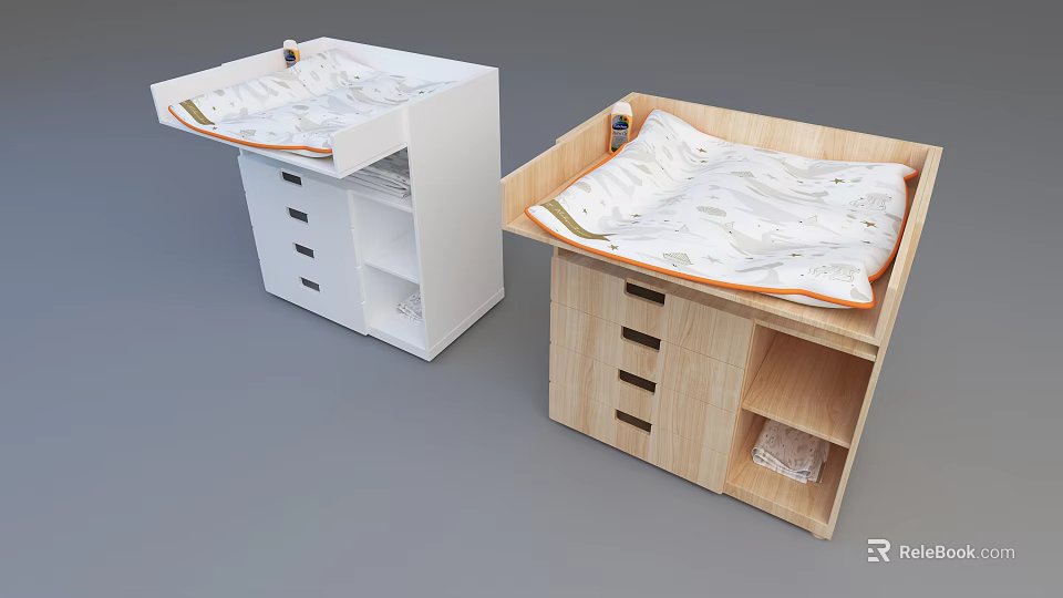 Wooden and White Baby Crib with Storage Drawers and Patterned Mattress 3d model 