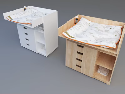 Wooden and White Baby Crib with Storage Drawers and Patterned Mattress 3d model