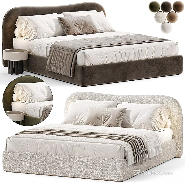 Modern Luxurious Soft Upholstered Double Bed With Cozy Bedding And Matching Side Nightstand Design 3d model 