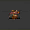Steampunk Style Mobile Food Cart With Red Roof Green Body And Red Stools