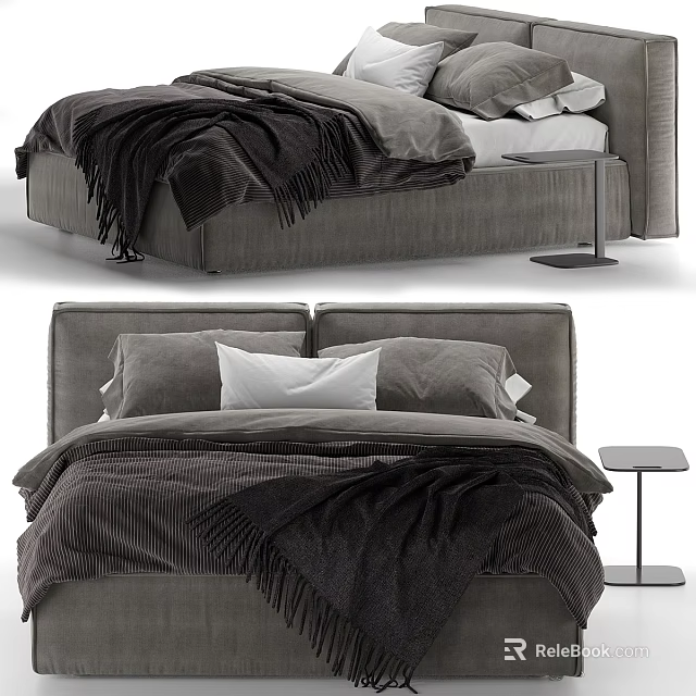 Modern Double Bed Interior With Gray Blanket Pillows And Bedside Table 3d model