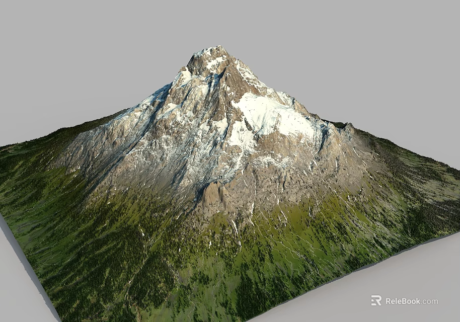 Natural Mountain Terrain With Snow Capped Peak And Green Vegetation Slopes 3d model 