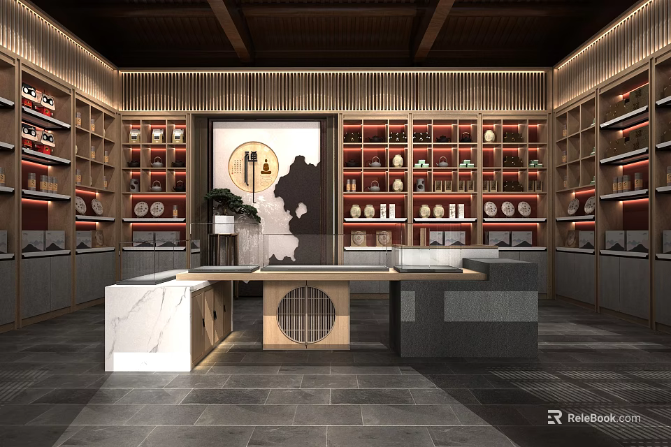 Traditional Chinese Style Specialty Store Interior With Wooden Shelves And Marble Display Counter 3d model 