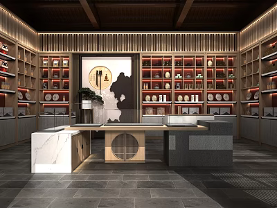 Traditional Chinese Style Specialty Store Interior With Wooden Shelves And Marble Display Counter 3d model