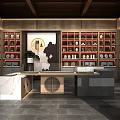Traditional Chinese Style Specialty Store Interior With Wooden Shelves And Marble Display Counter