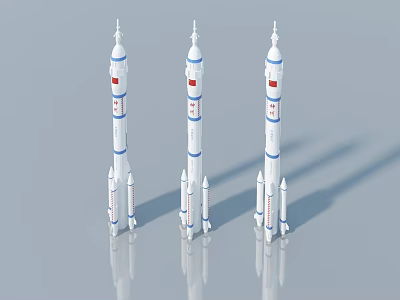 Three White Rocket Models With Blue Stripes And Red Logos On Gray Background 3d model
