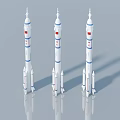Three White Rocket Models With Blue Stripes And Red Logos On Gray Background 3d model