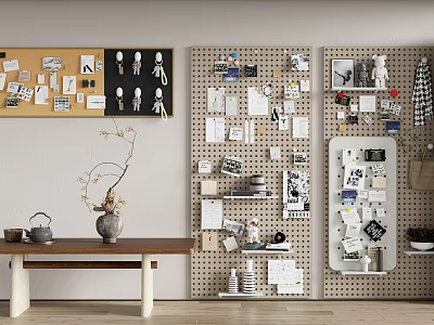 Home Interior Wall Decor with Corkboard Pegboard Photos Notes and Small Decorations 3d model