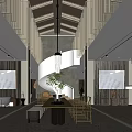 Modern Elegant Reception Area With Wooden Ceiling Pendant Light And Leather Sofa Seating