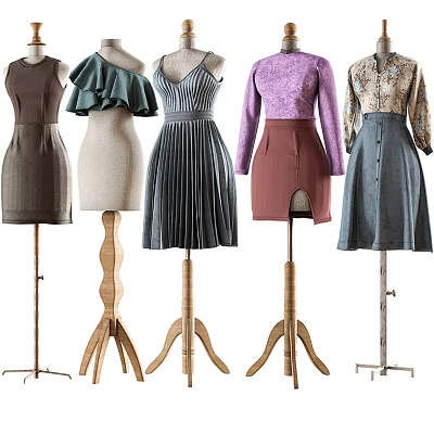 Mannequins Displaying Various Stylish Dresses Tops And Skirts In Different Designs 3d model