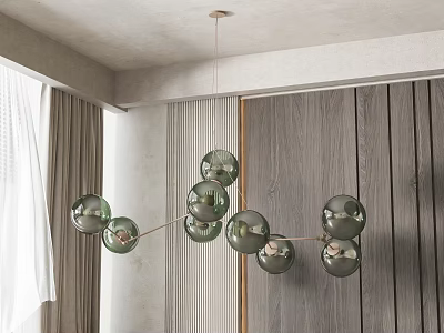 Elegant Modern Living Room Corner Chandelier With Glass Spheres And Wooden Wall Curtains 3d model