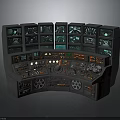 Futuristic Control Console With Multiple Green Screens Illuminated Buttons And Dials 3d model