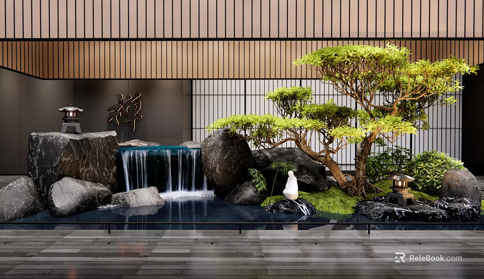 Serene Zen Indoor Landscape Interior With Waterfall Rocks Pine Tree Lantern And White Egret 3d model 
