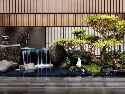Serene Zen Indoor Landscape Interior With Waterfall Rocks Pine Tree Lantern And White Egret 3d model