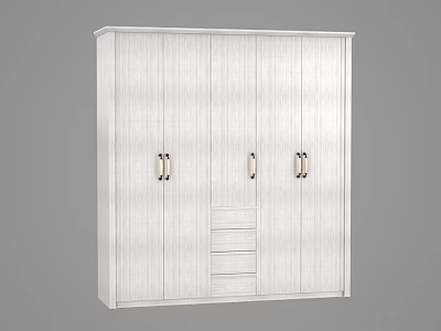 White Wood Grain Wardrobe With Four Doors Drawers And Metal Handles Modern Design 3d model