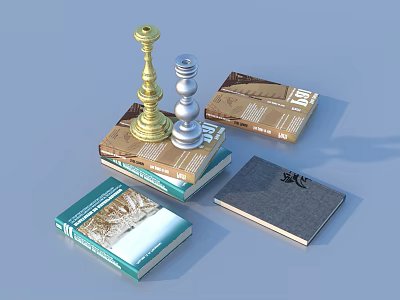 Stylish Household Items Stacked Books With Gold Silver Candlesticks And Colorful Covers 3d model