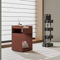 Brown Corner Table With Aromatherapy Box Towels And Black Shelving Unit By Blinds 3d model