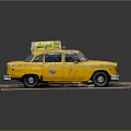 Classic Vintage Yellow Taxi With Rooftop Advertisement Parked On Street