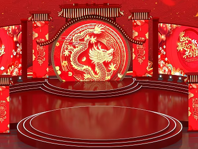 Chinese Traditional Stage With Red And Gold Decor And Golden Dragon Pattern 3d model