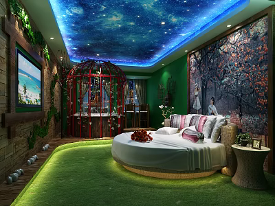 Enchanting Hotel Guest Room With Starry Sky Ceiling Green Walls Round Bed And Grass Floor 3d model