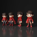 Four Cartoon Characters in Red Tops Capes and Shoes with Different Poses on Dark Background