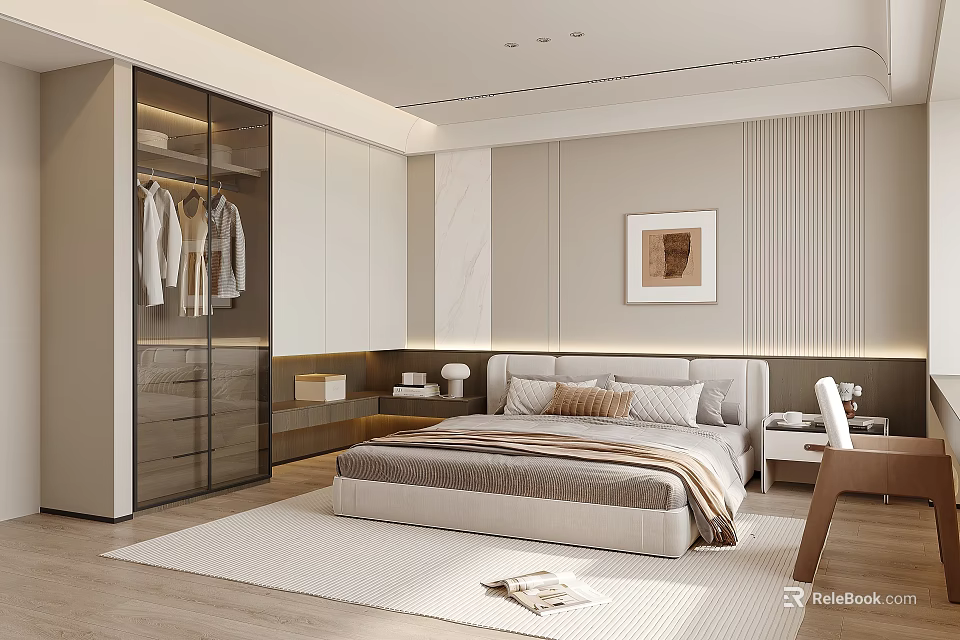 Modern Bedroom Interior Design With Glass Door Wardrobe Bed Nightstand And Wall Art 3d model 