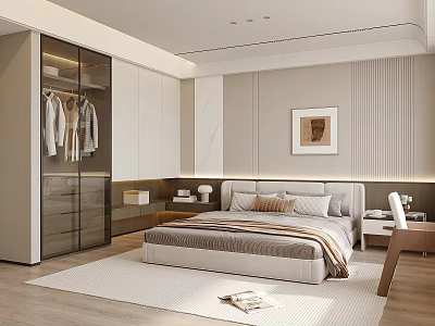 Modern Bedroom Interior Design With Glass Door Wardrobe Bed Nightstand And Wall Art 3d model