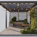 Modern Outdoor Pergola Design With Wooden Slats Plants And Bench