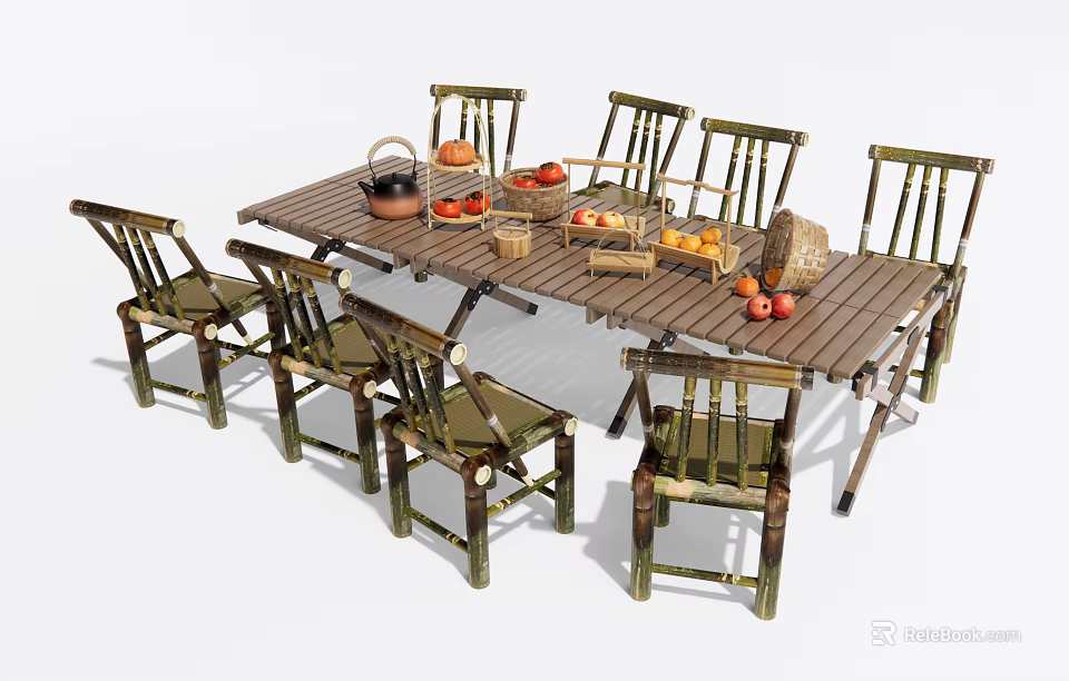 Wooden Table and Chair Set with Fruit Baskets Teapot and Fresh Fruits 3d model 