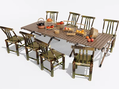 Wooden Table and Chair Set with Fruit Baskets Teapot and Fresh Fruits 3d model