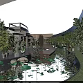 Hotel Public Lounge Area with Wooden Slat Ceiling Water Feature Lily Pads and Sculptural Seats